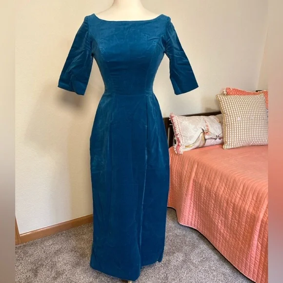 Vintage 1950-60s Teal Blue Velvet Maxi Cocktail Dress Neusteters Denver CO sz XS - Picture 16 of 16